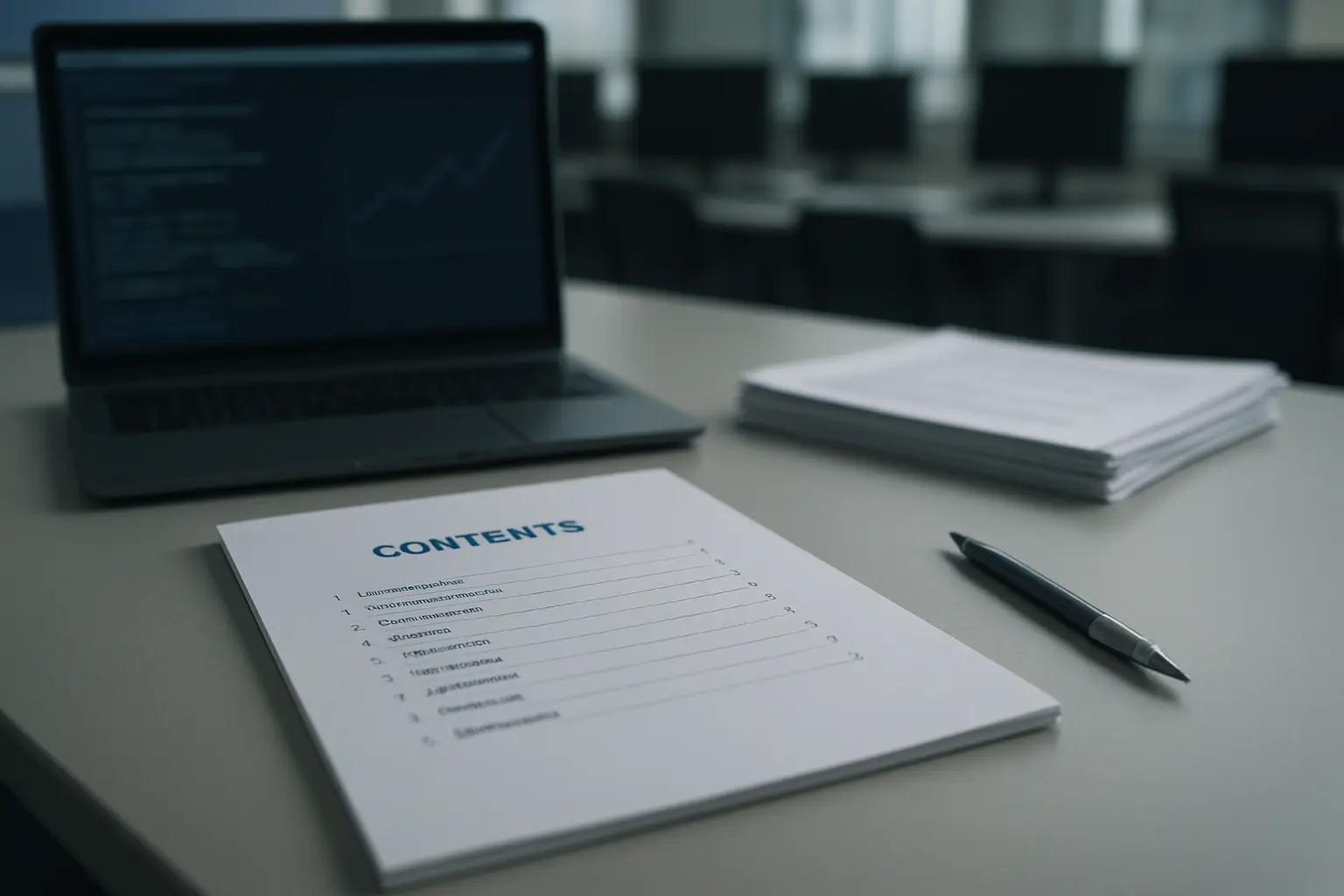 A computer science thesis contents page laid out beside a laptop showing experiment output and a stack of conference papers