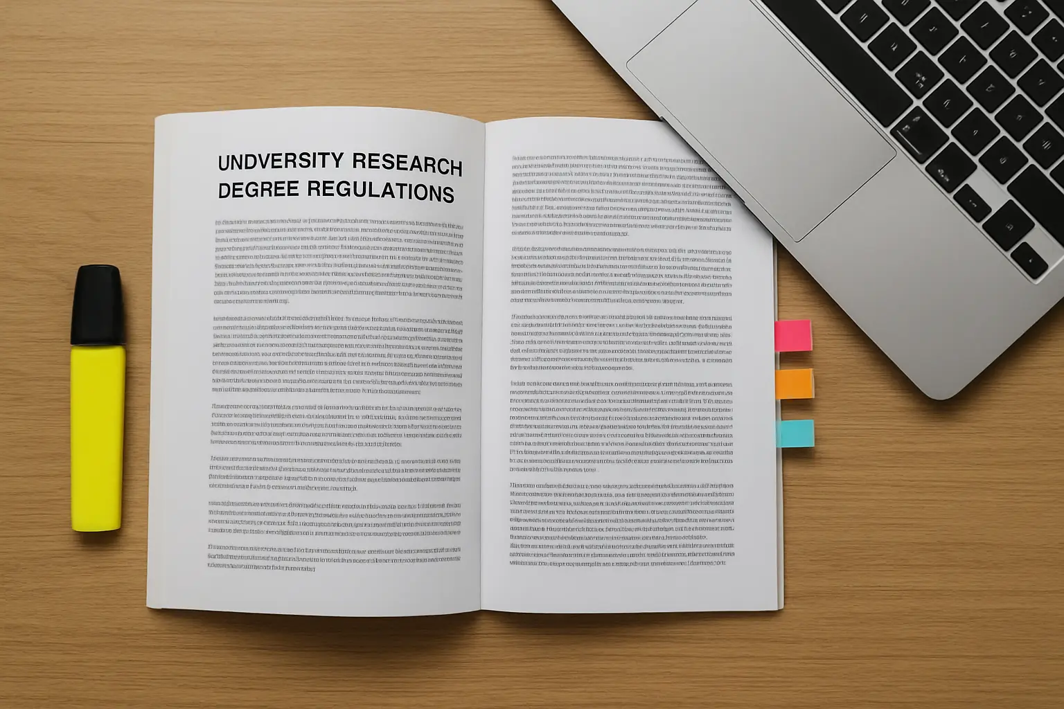 A university research degree regulations booklet open and marked with sticky flags