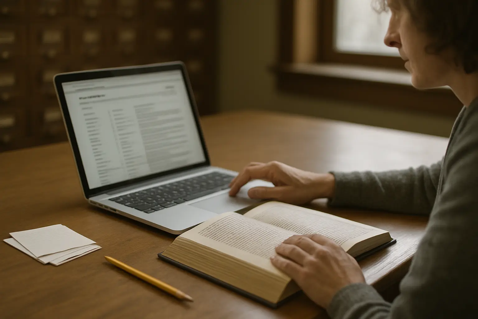 A researcher comparing an online archive catalogue on a laptop with a printed finding aid