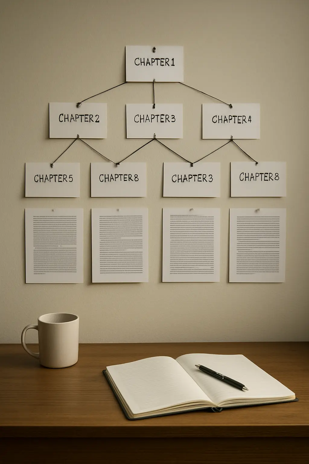 Chapter plan of a law thesis pinned above a desk with cases and statutes grouped under each chapter