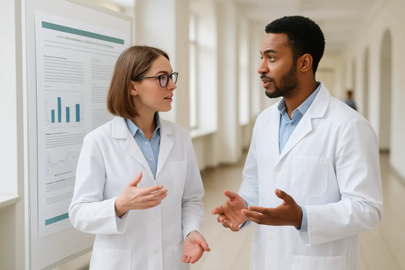 Researchers discussing work at a poster session