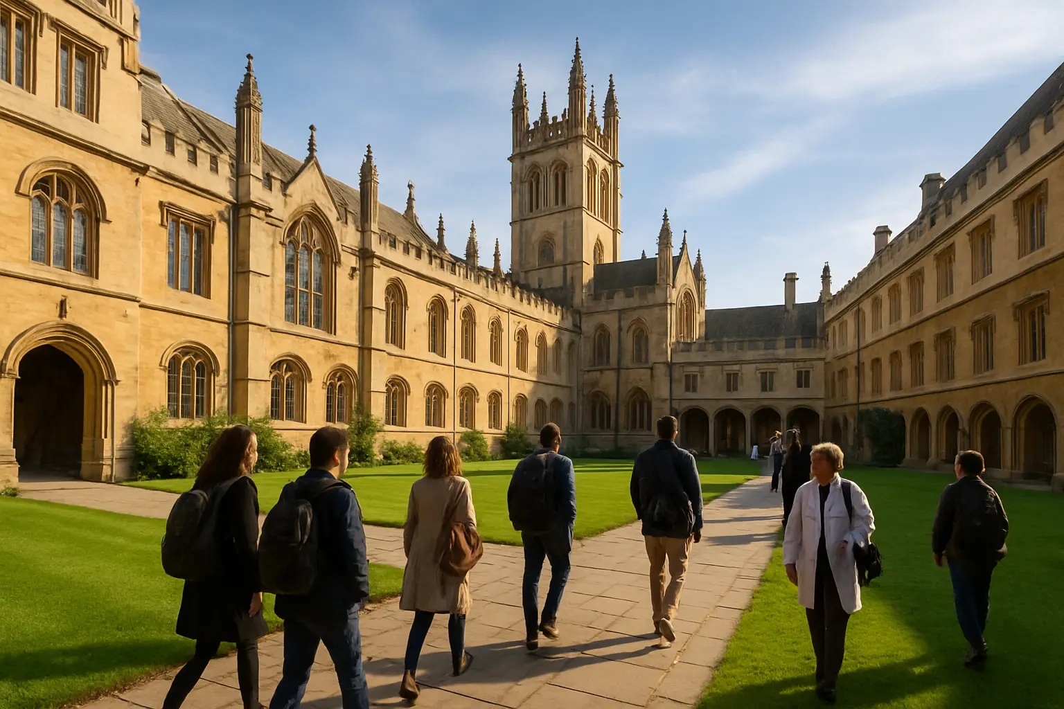 Students crossing a historic UK university quad