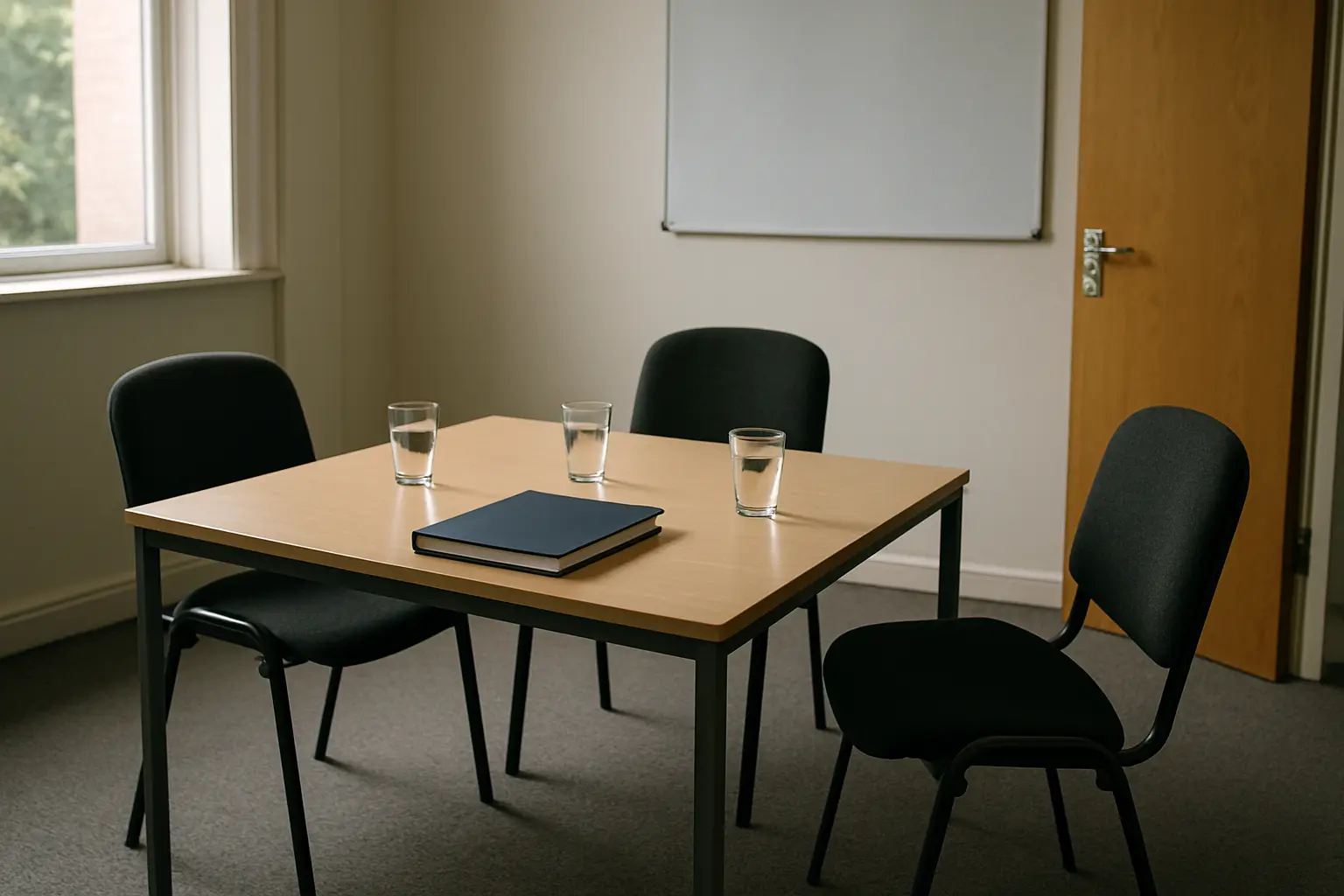 A university room set up for a viva voce examination before the candidate arrives