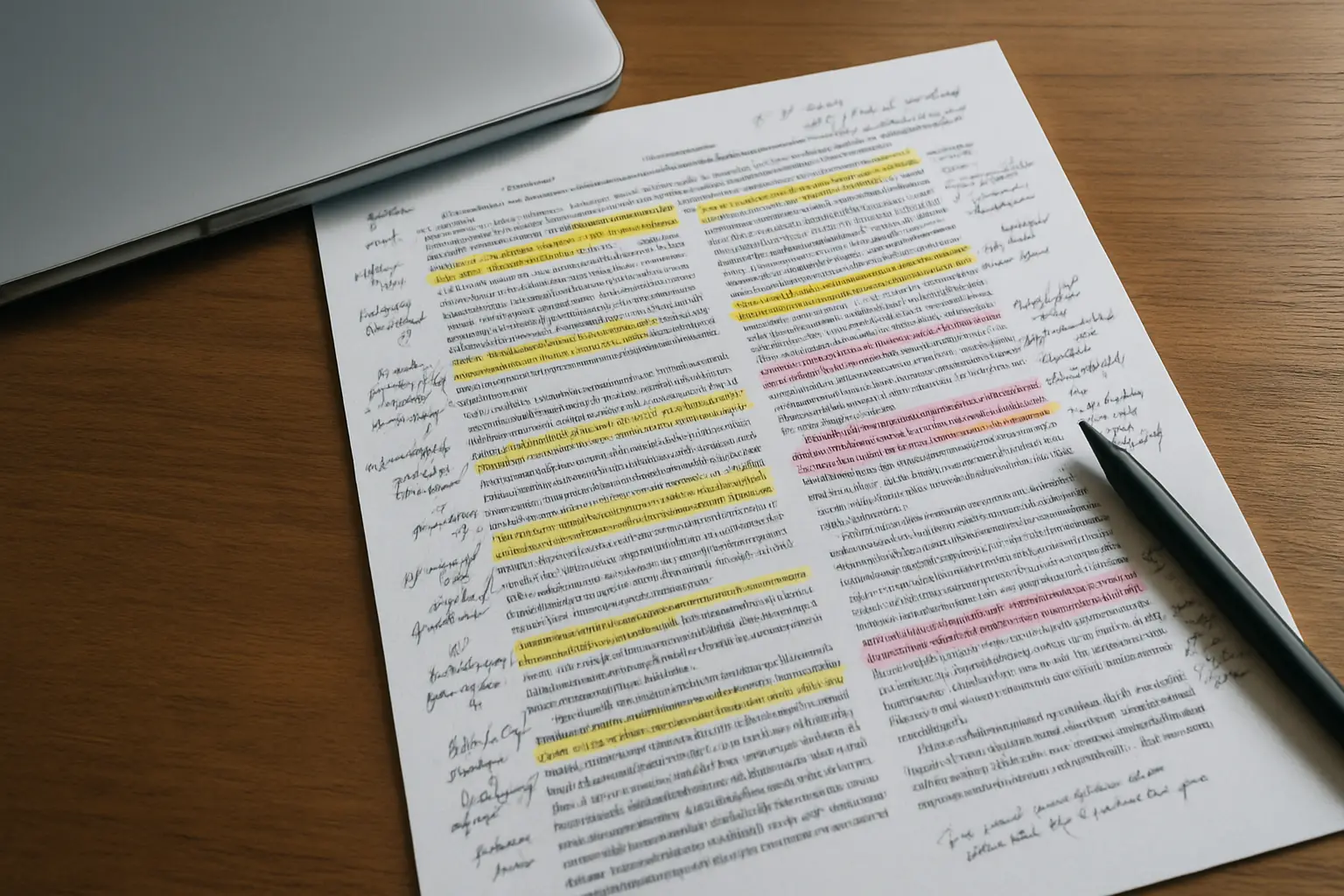 A printed journal article densely annotated by hand beside a closed laptop