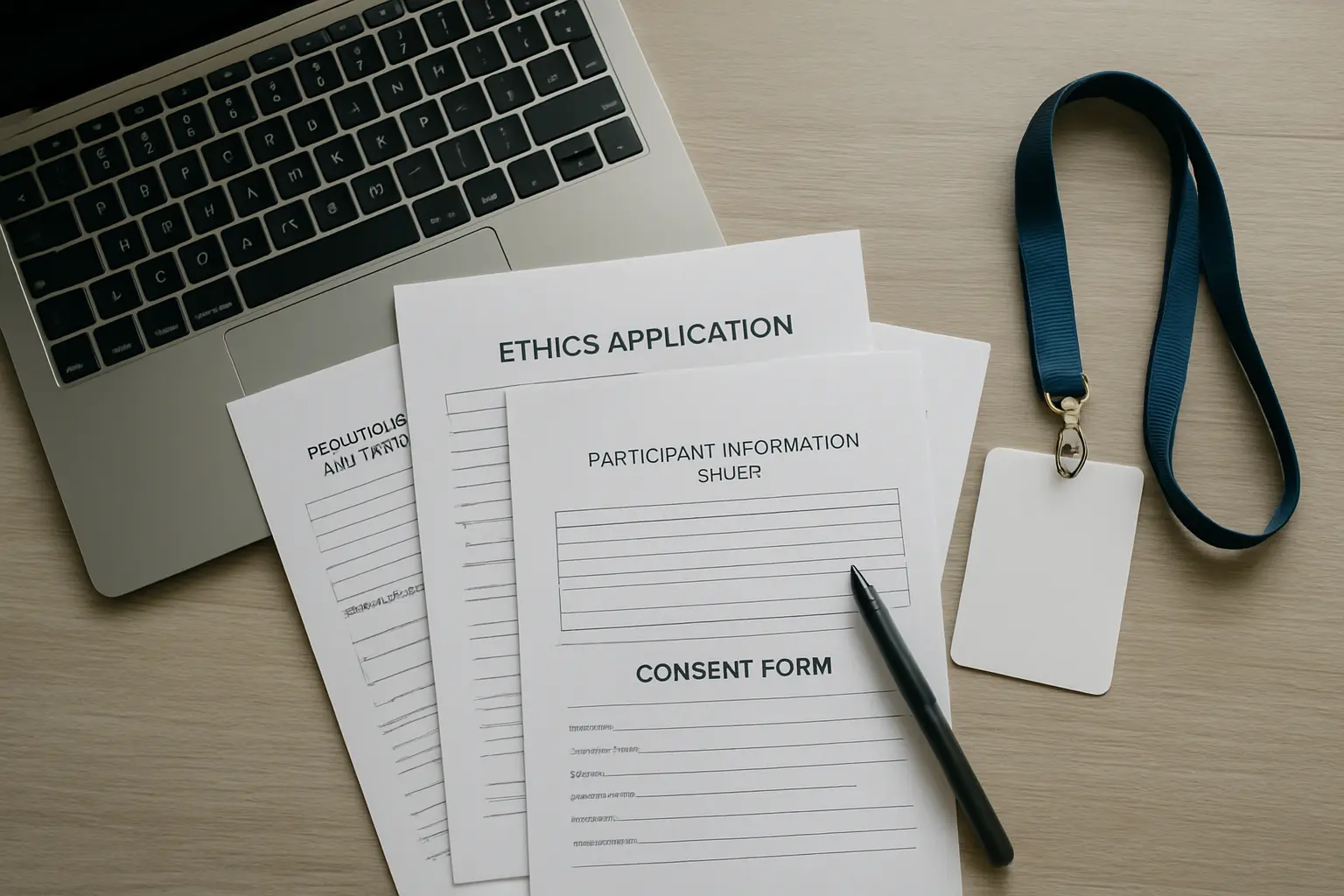 Ethics and NHS approval paperwork for a nursing doctoral study laid out beside a laptop