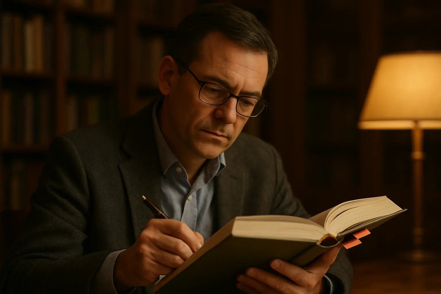 An examiner reading the opening pages of a bound doctoral thesis