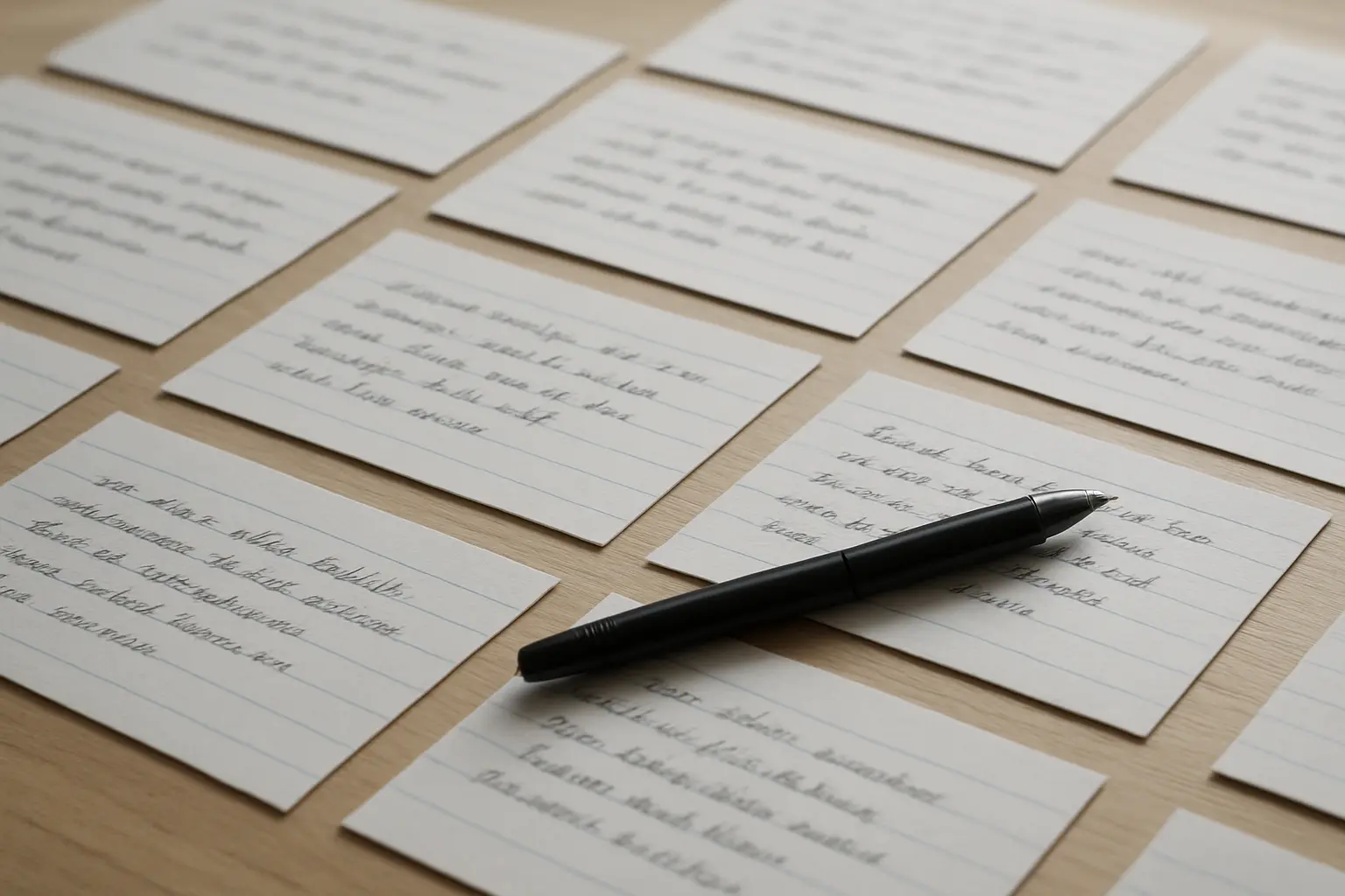 Handwritten question cards used to rehearse for a viva voce