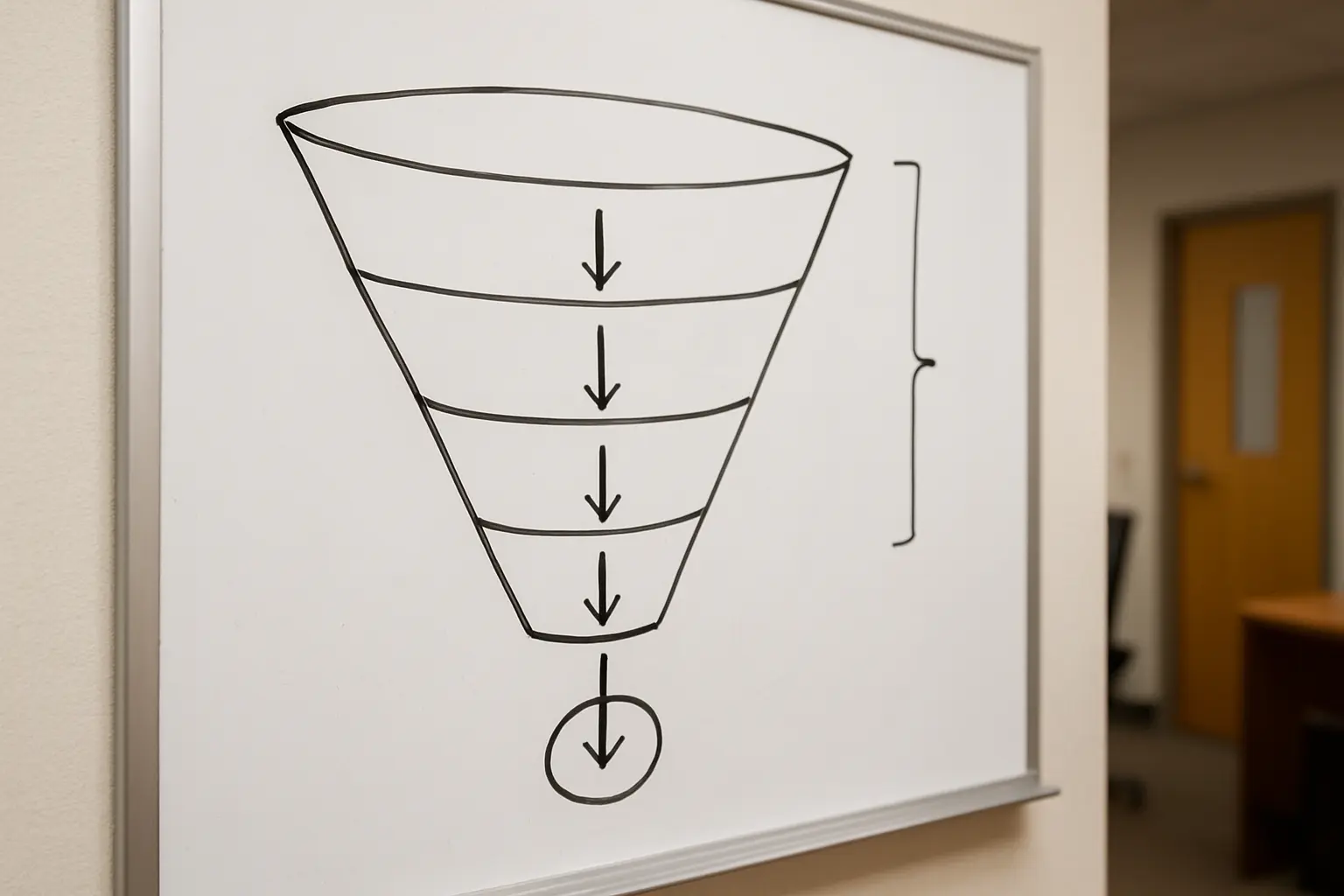 A funnel sketched on a whiteboard narrowing from a broad field to a single research question