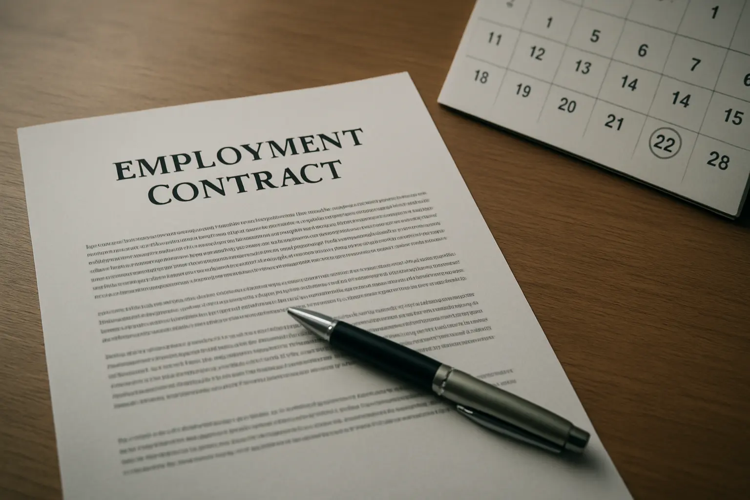 A fixed-term employment contract on a desk beside a calendar