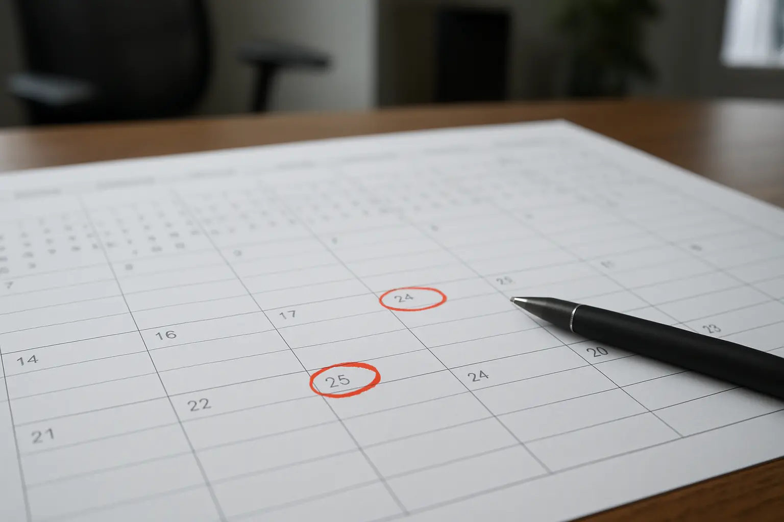 A planner with submission and examination-entry dates circled months apart