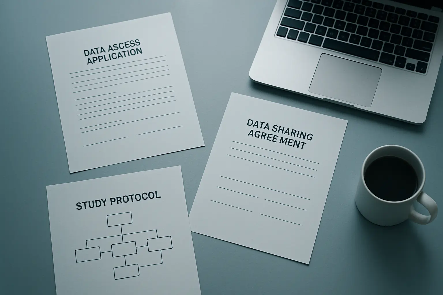 A data access application and data sharing agreement for a doctoral epidemiology study laid out on a desk