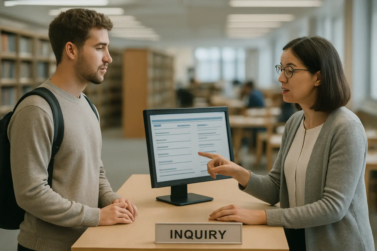 A university library help desk where a researcher checks which writing tools the institution already licenses