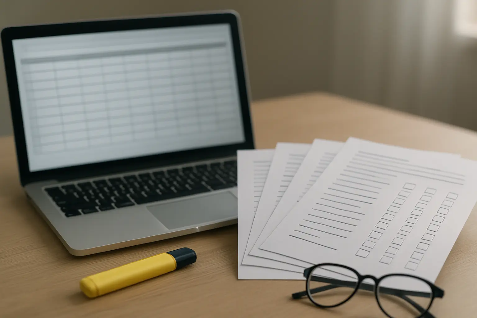 A variables table for a management doctorate being built on a laptop with printed scales beside it