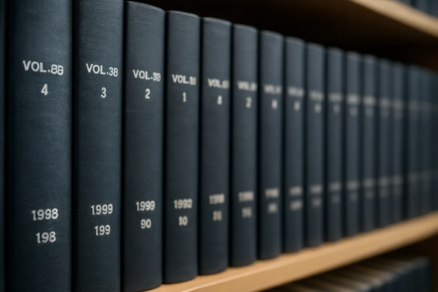 Bound journal volumes on a university library shelf