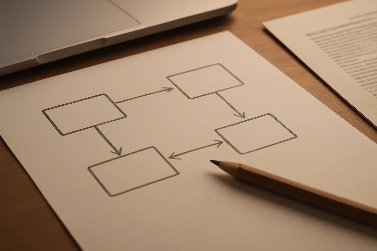A research model of boxes and arrows for a management thesis drawn on paper beside a laptop