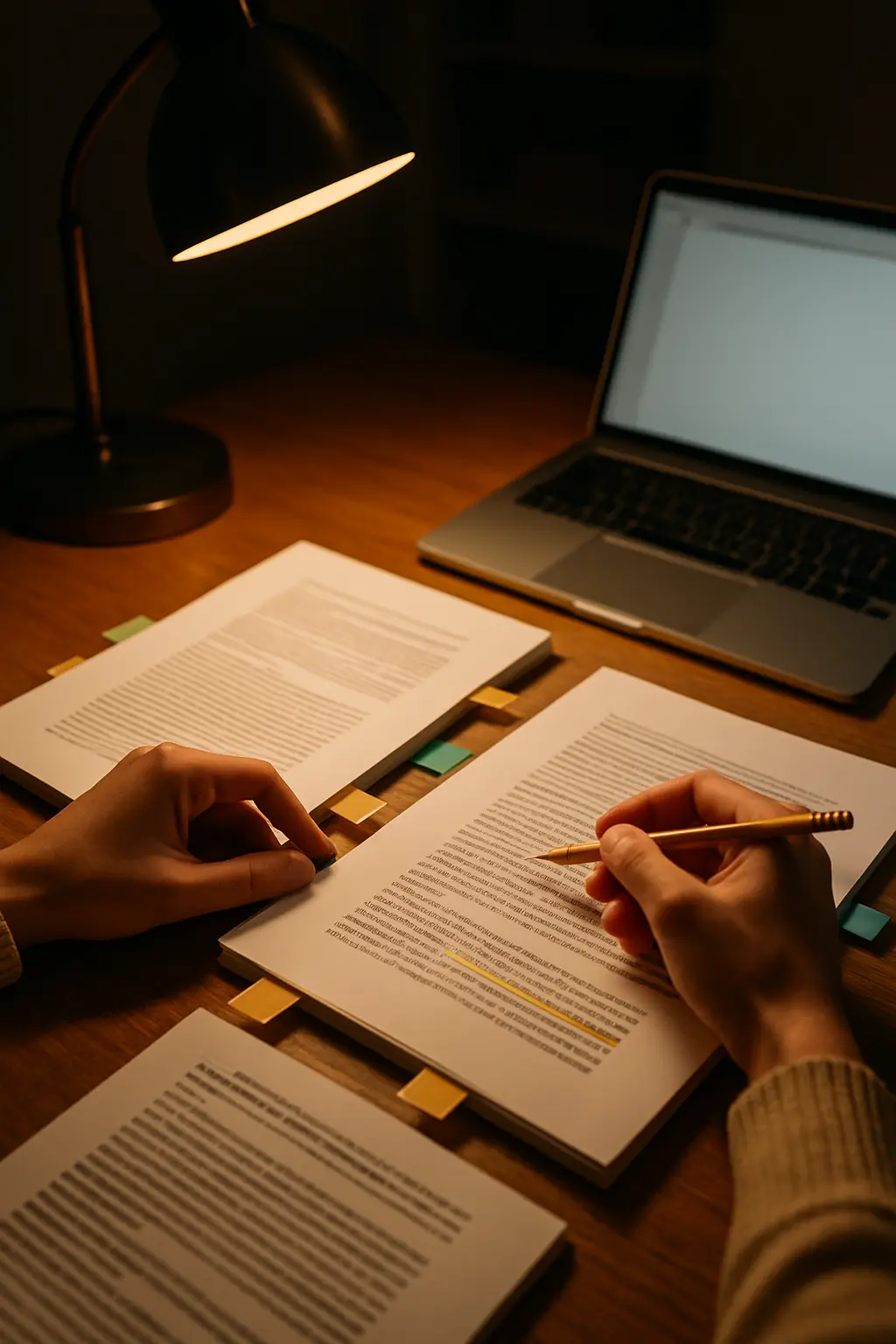 A doctoral researcher annotating printed judgments and statutes while building a doctrinal argument
