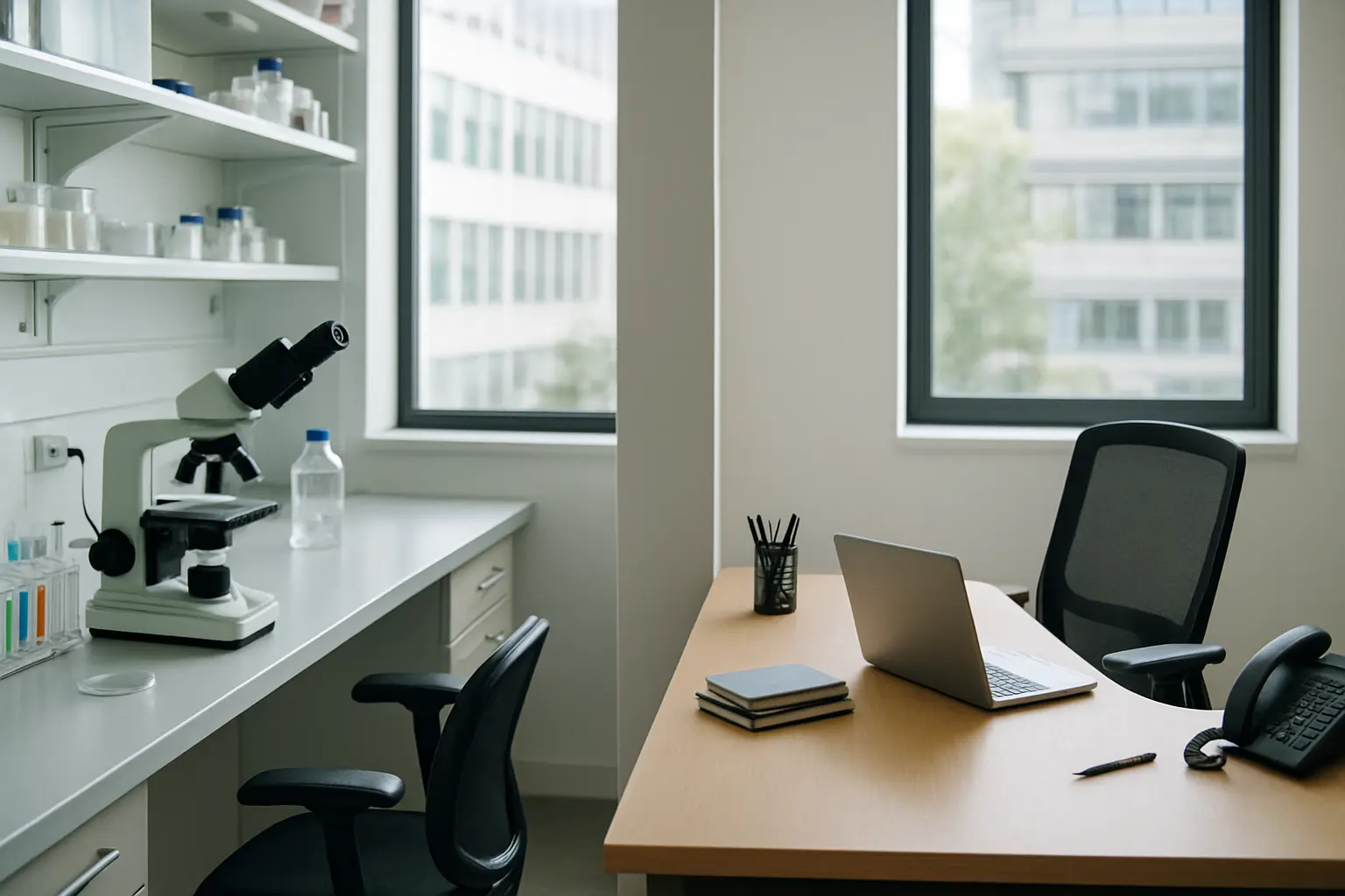A research laboratory and a commercial office in one frame, representing two doctoral career paths