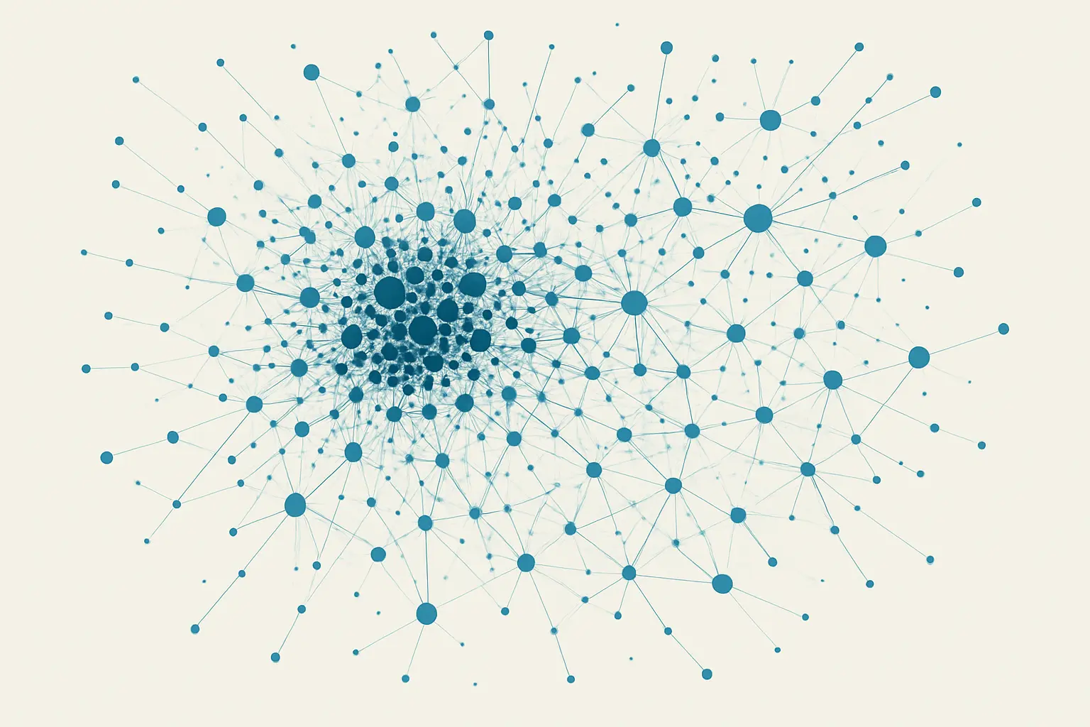 An abstract citation network with clustered nodes representing related academic papers