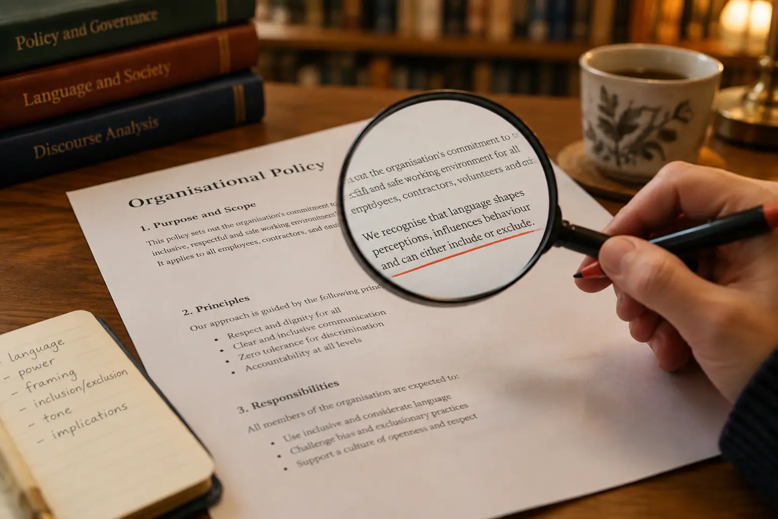 Magnifying glass over underlined text in a policy document representing close discourse analysis