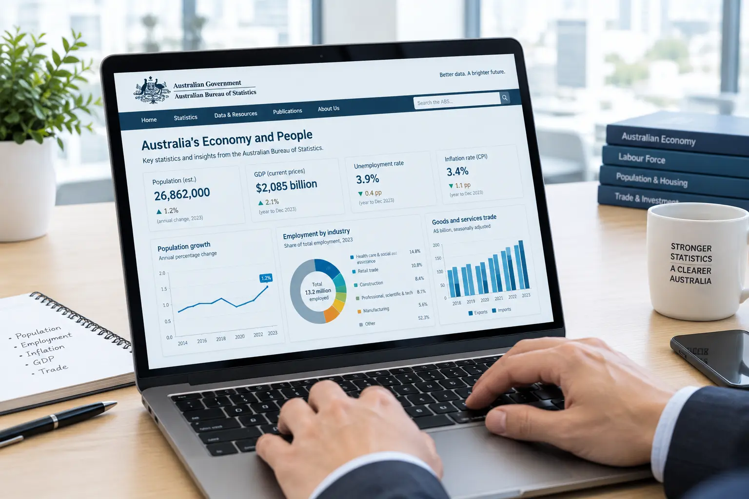 Laptop showing a government statistics dashboard with charts and figures