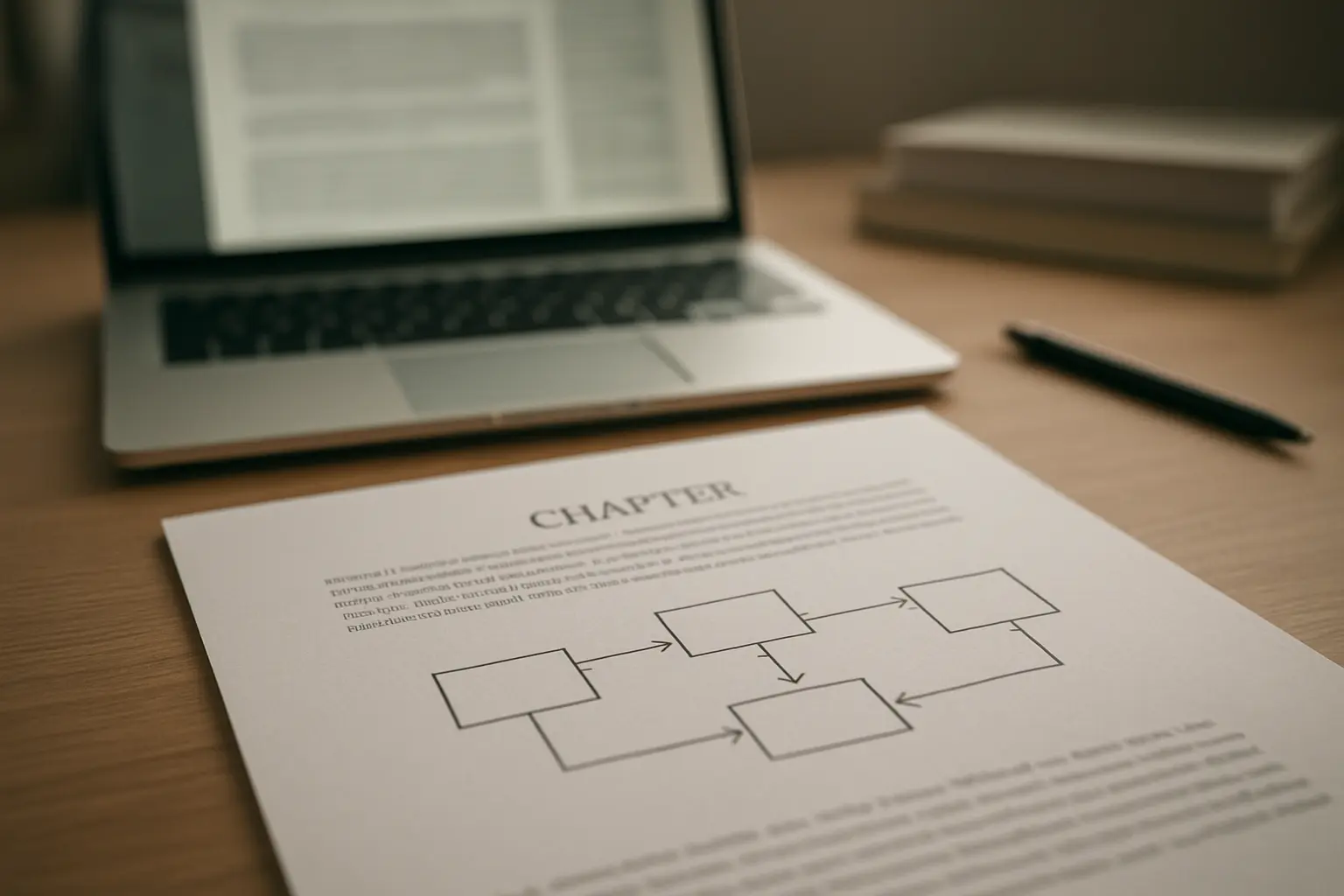 Printed thesis draft with a hand-drawn diagram connecting findings to theory