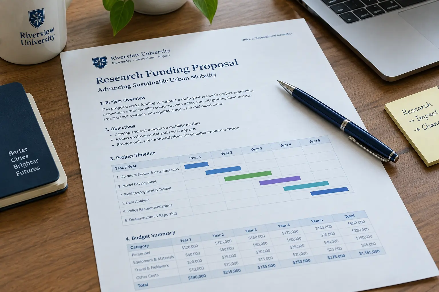 Printed research proposal with a multi-year timeline chart for a PhD studentship application