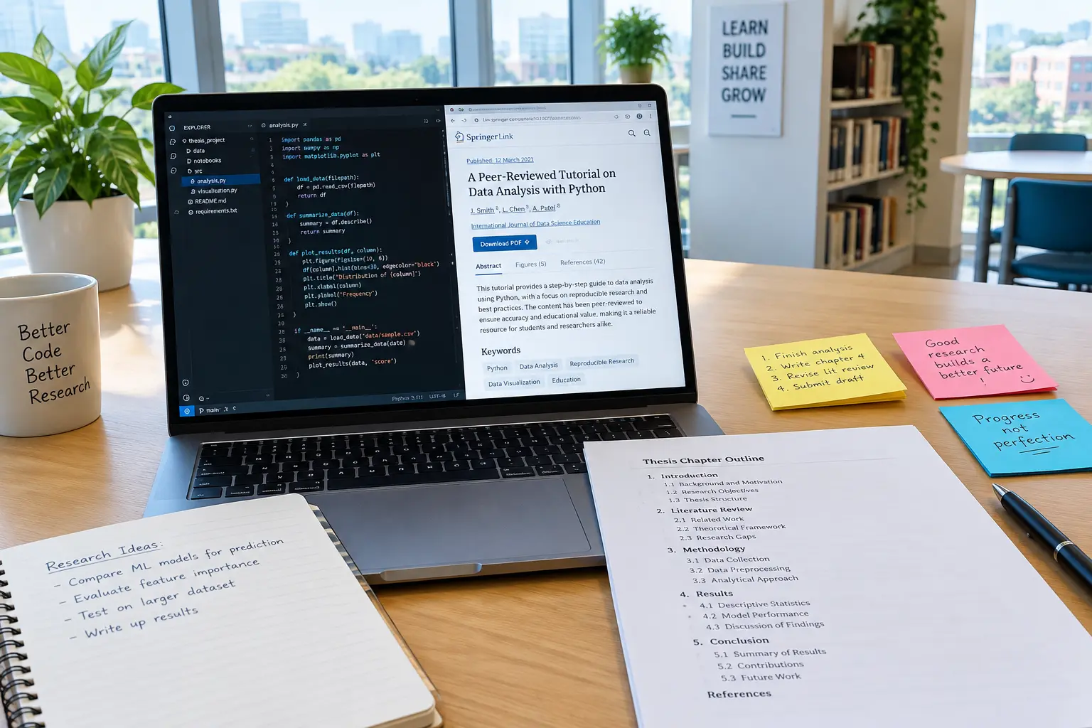 Laptop showing an online digital humanities tutorial beside a printed thesis chapter outline
