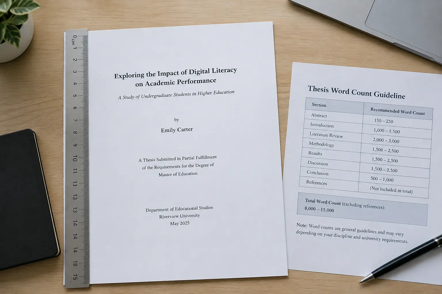 Thesis title page and margin measurement illustrating UK university formatting rules
