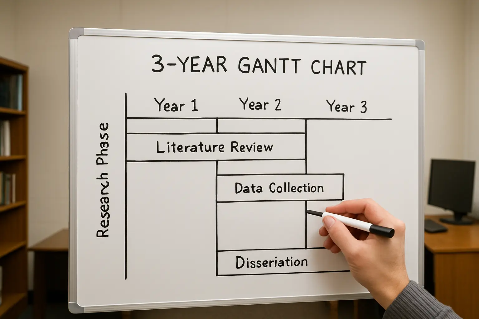 A three-year research timeline sketched on a whiteboard for a computer science PhD proposal