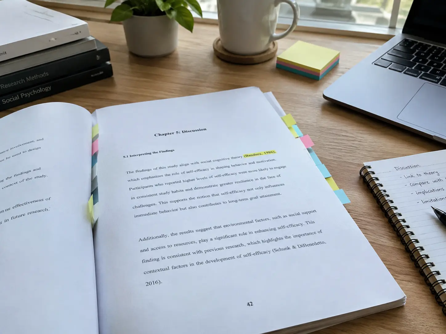 A printed thesis discussion chapter with a highlighted theory citation and sticky page flags