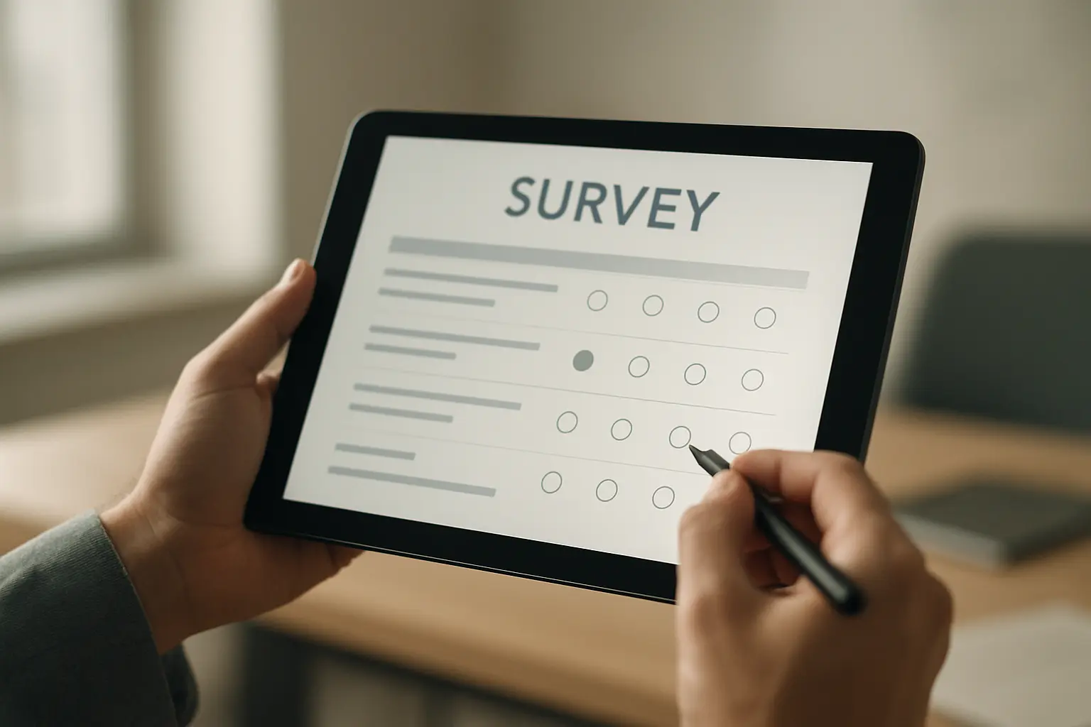 Researcher holding a tablet displaying an electronic wellbeing survey for a doctoral study