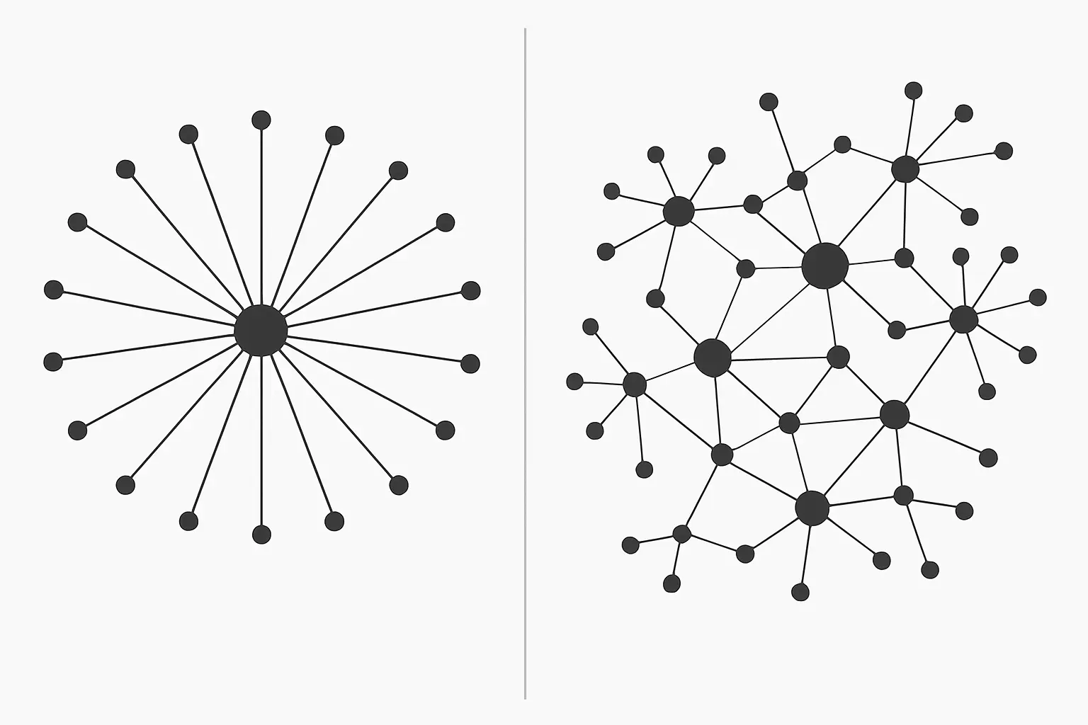 A side-by-side comparison graphic of a Connected Papers single-seed graph and a ResearchRabbit multi-collection network