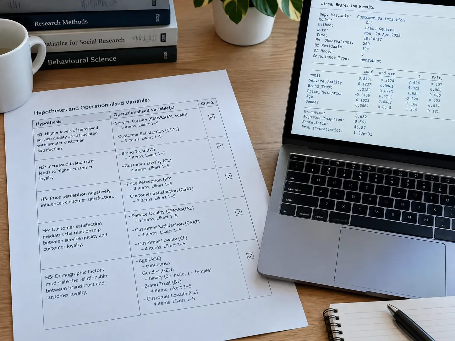 A printed hypothesis table with operationalised variables beside a laptop showing a regression output