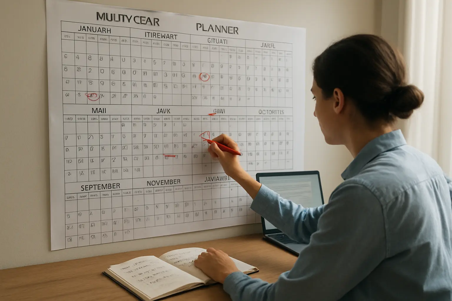 A doctoral candidate marks submission and extension deadlines on a multi-year planner