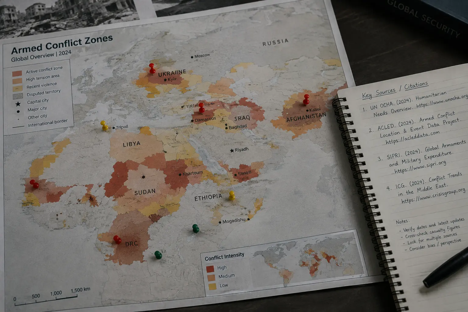 Printed conflict data map with marked regions representing conflict and security research data