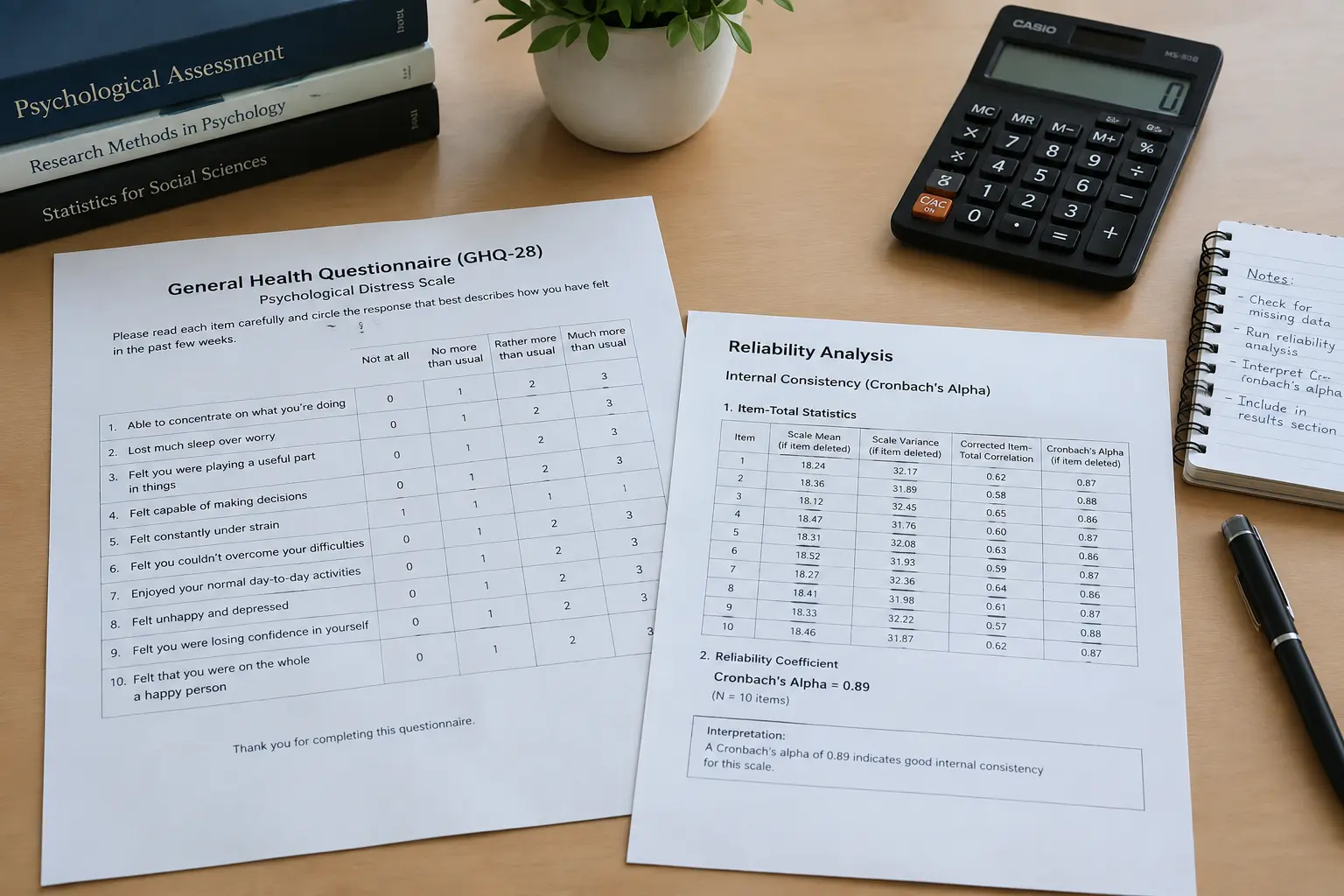 A printed psychometric questionnaire beside a reliability score calculation sheet and calculator