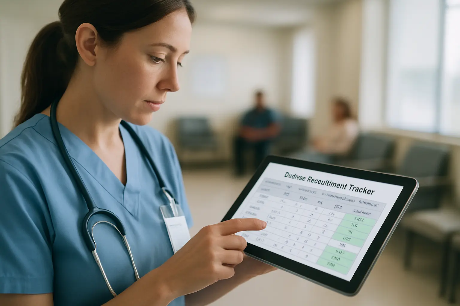 A research nurse tracks patient recruitment progress against a clinical trial timeline