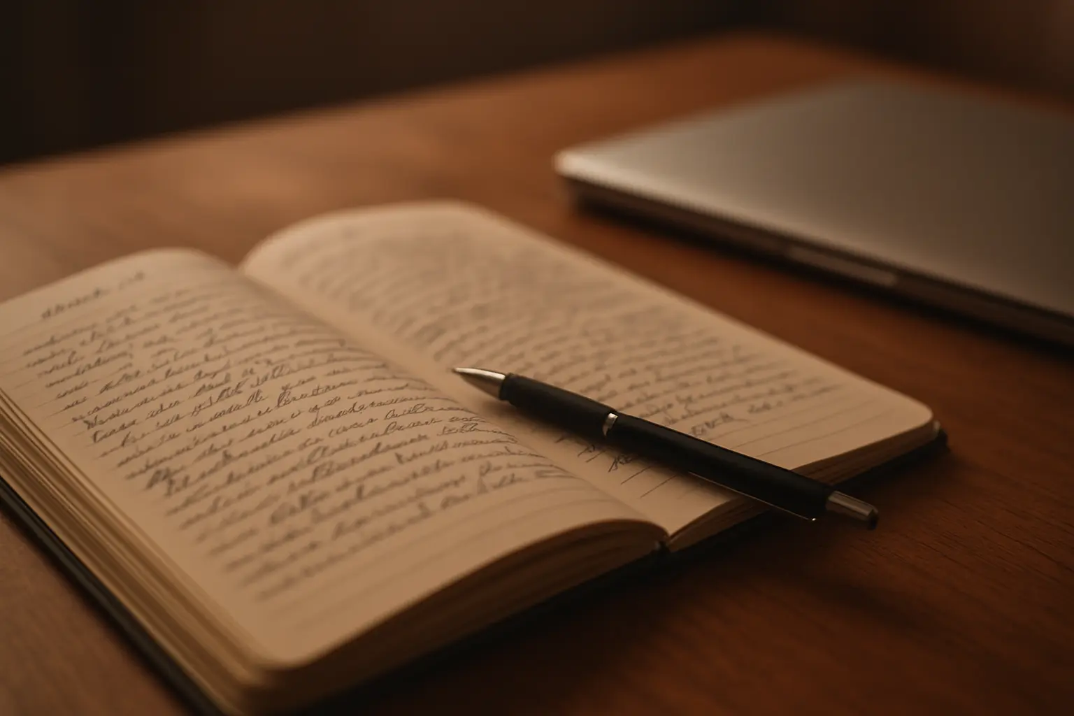 Handwritten reflexive research journal with dated entries on a desk