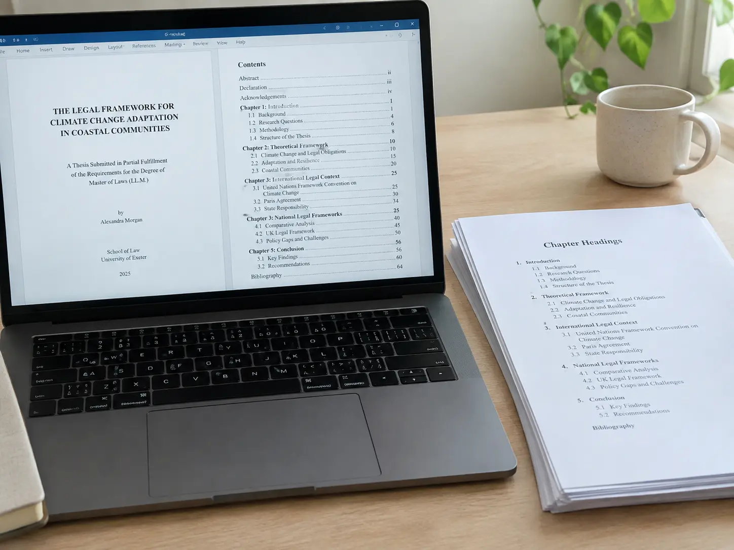 A laptop showing a law thesis title page draft beside a printed stack of chapter headings