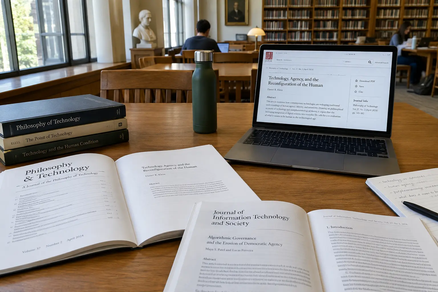 Open academic journals on AI ethics research in a university library reading room