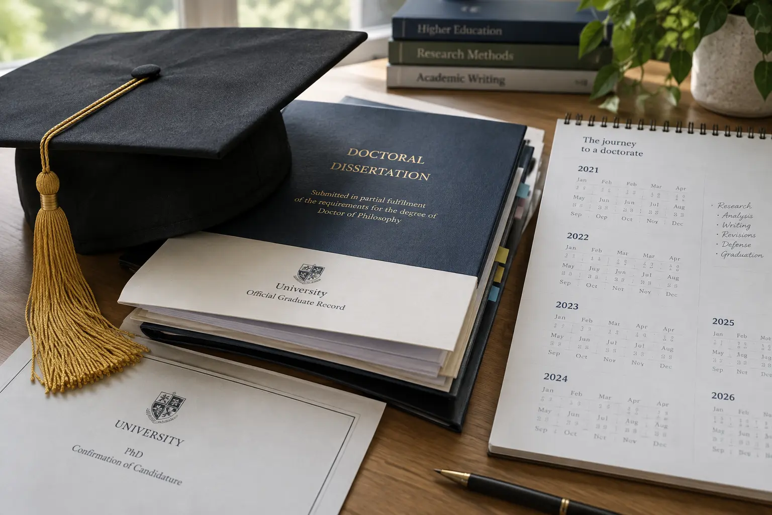 Graduation cap beside university documents symbolising doctoral completion over a multi-year candidature