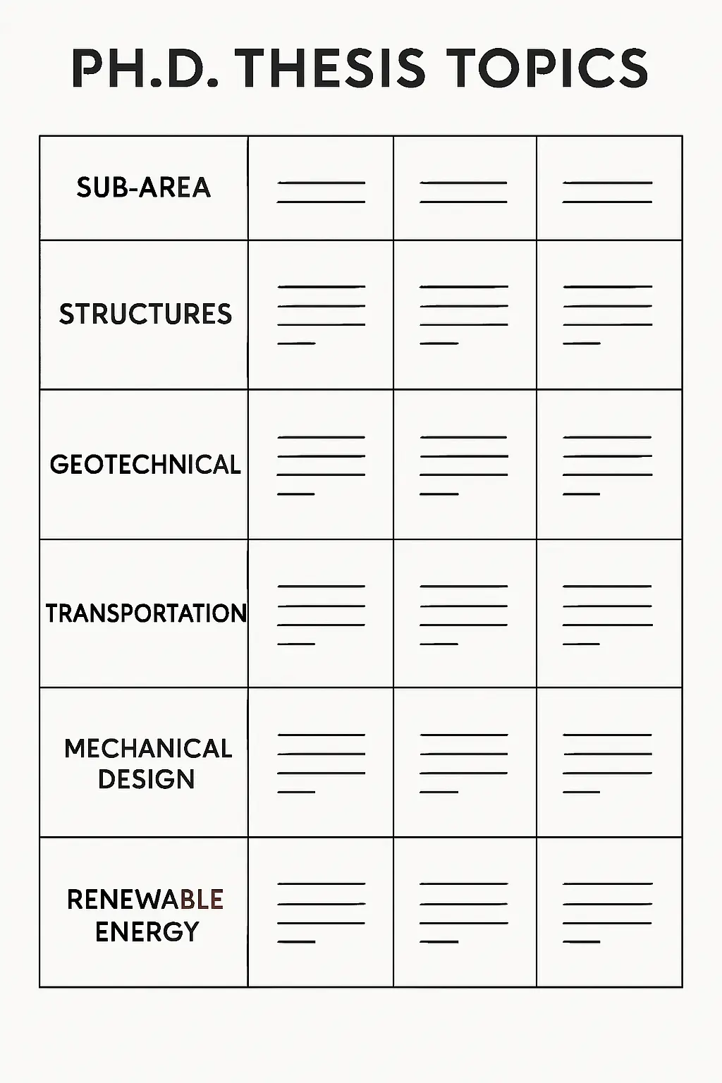 A table showing 40 PhD thesis topics in engineering grouped by sub-area