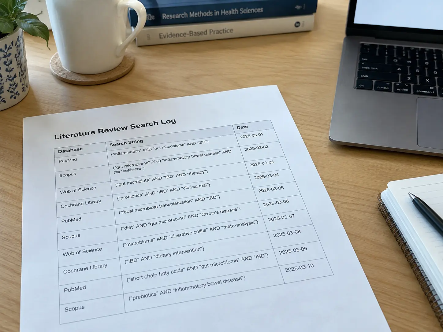A printed search log spreadsheet with database, search string and date columns beside a laptop