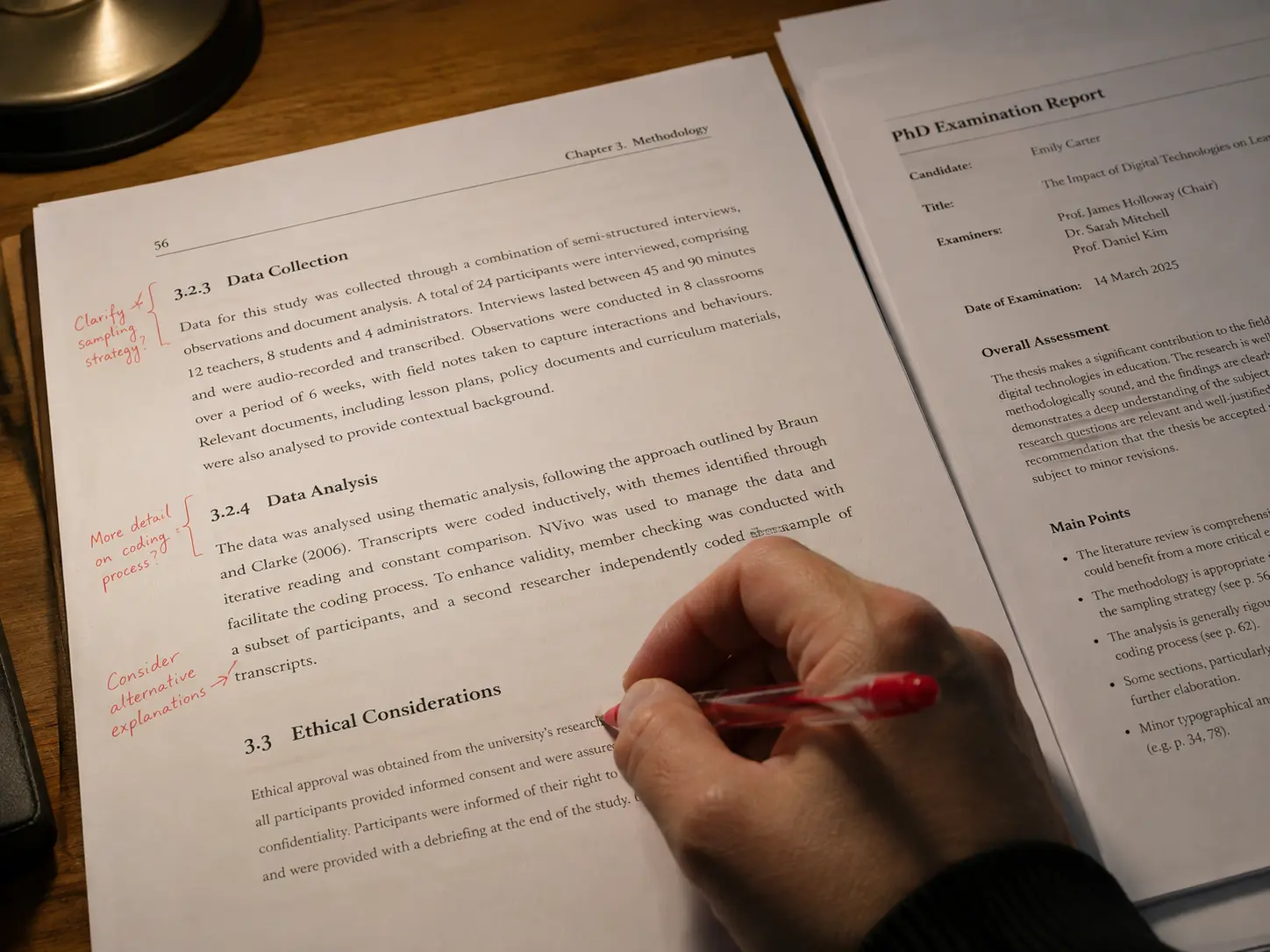 A hand marking corrections in the margin of a printed PhD thesis chapter next to an examiner's report