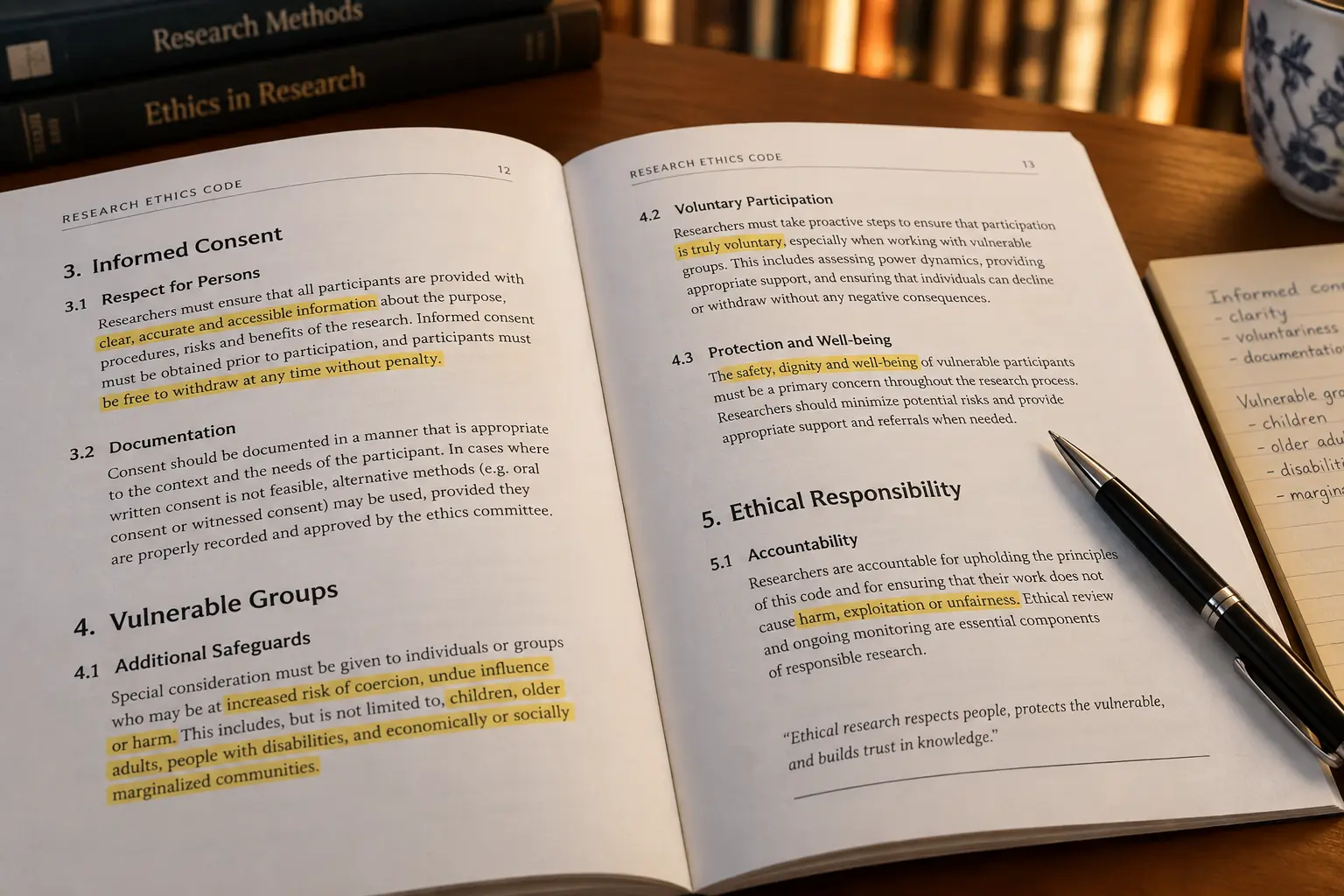 Printed ethics code booklet with highlighted informed consent guidance