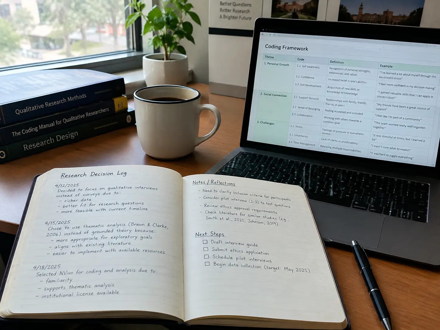 An open research decision log notebook beside a laptop showing a qualitative coding framework
