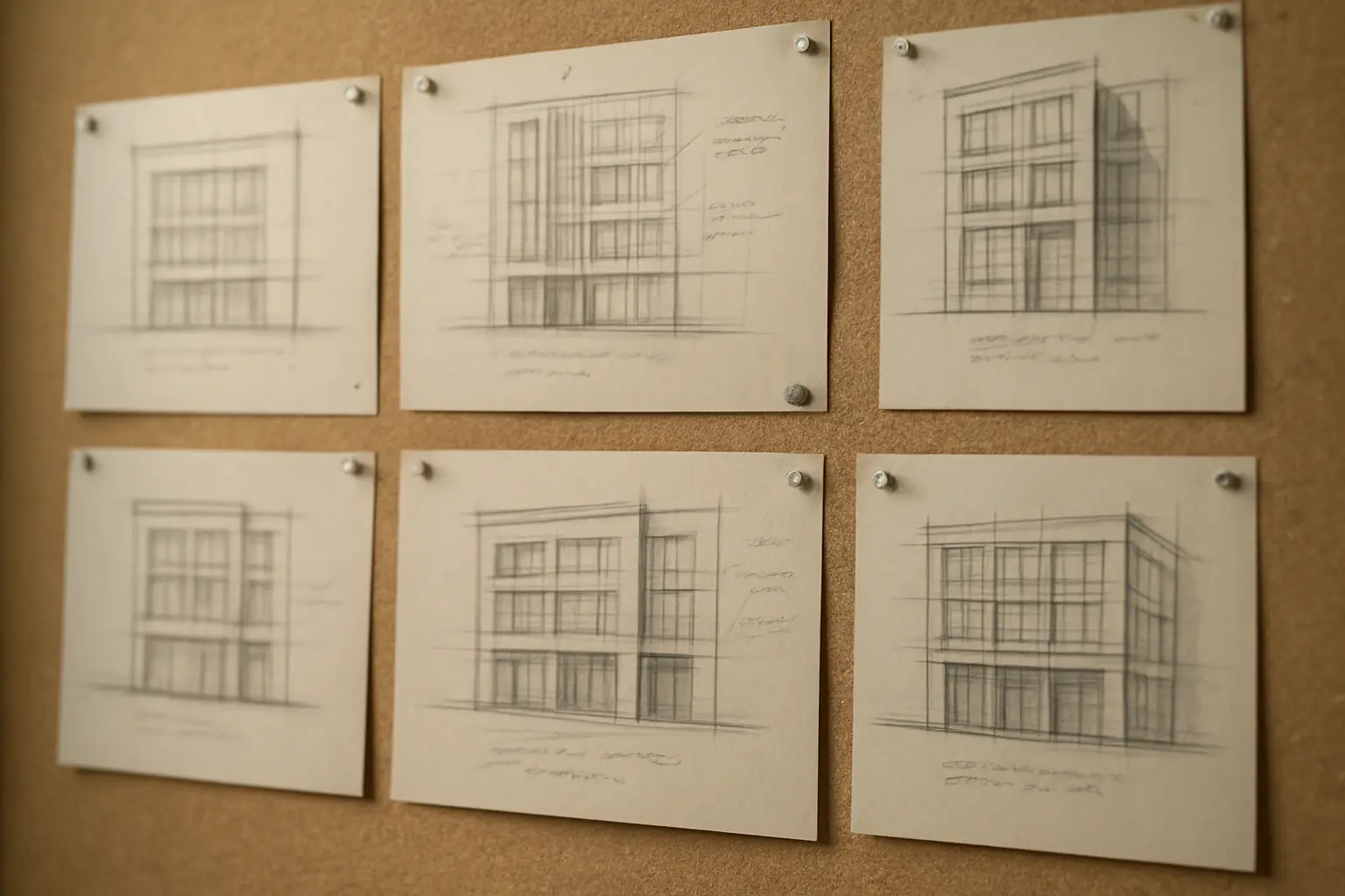 Pinboard showing a sequence of design iterations for a doctoral architecture research project