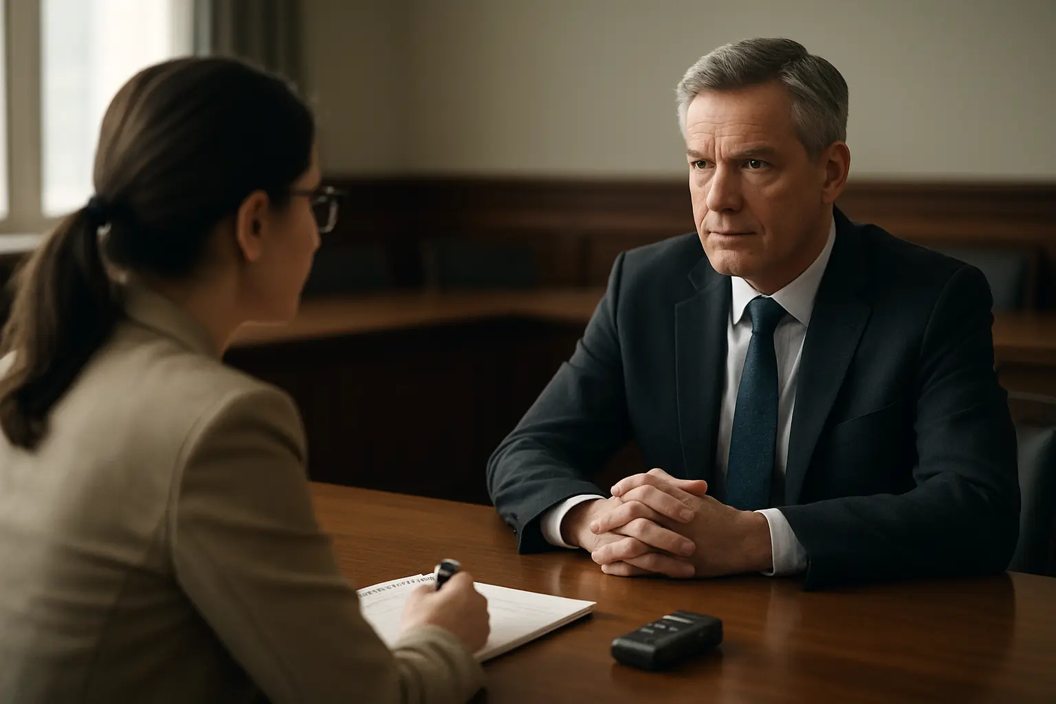 Researcher interviewing an official in a government meeting room for elite interview fieldwork