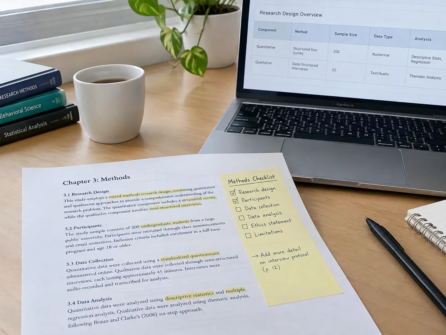 A printed methods chapter draft with a highlighted checklist beside a laptop showing a research design table