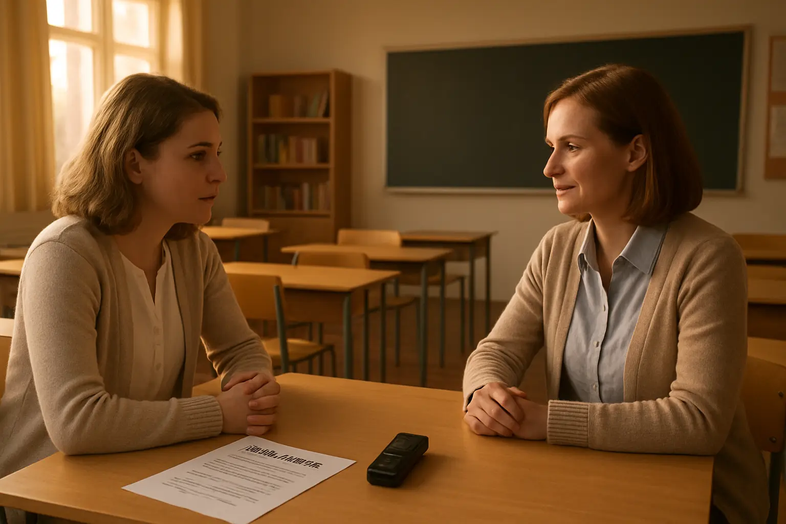 A researcher interviews a teacher in a classroom using a printed topic guide for an education PhD study